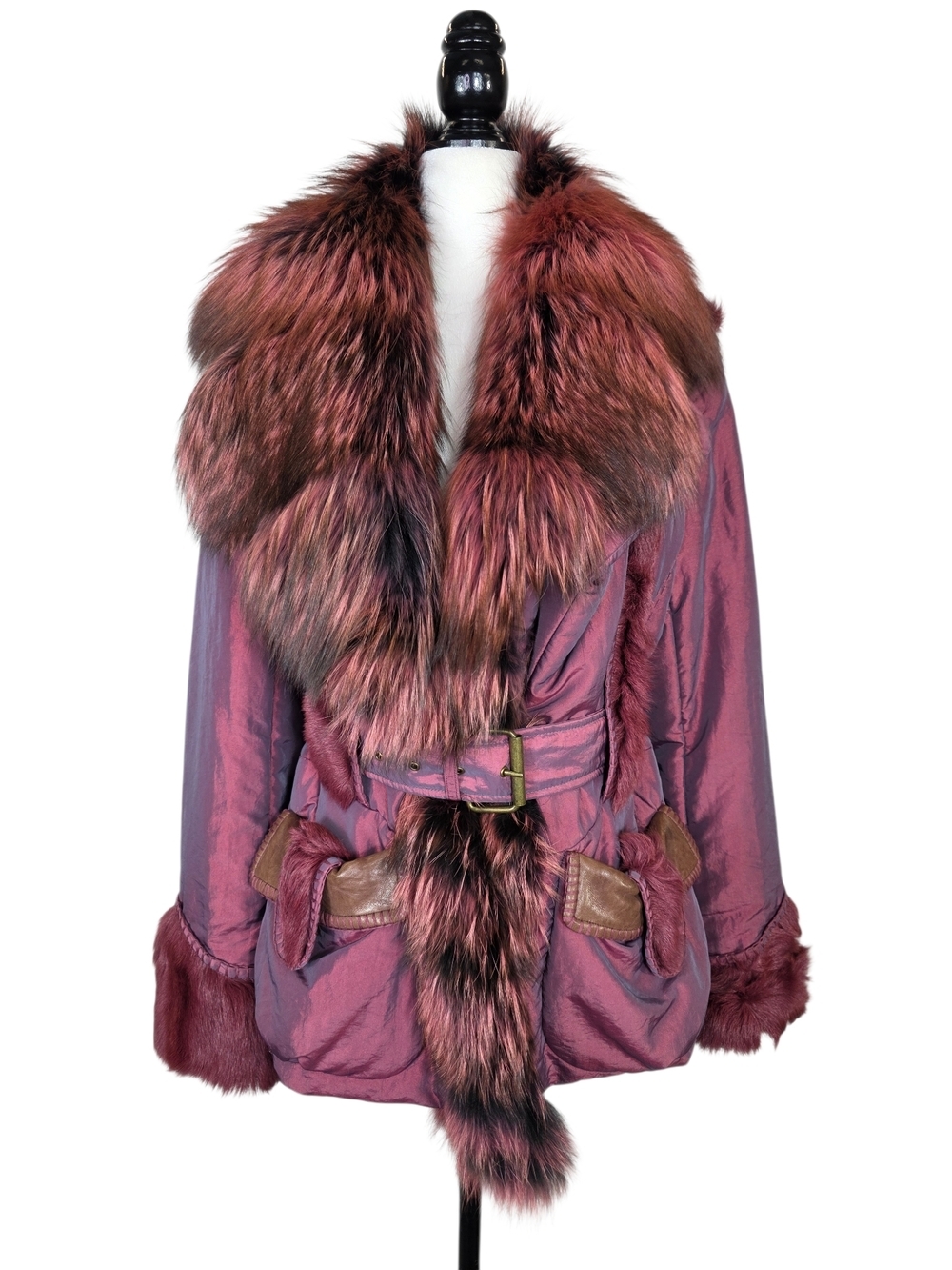 Jean Crisan Fourrure Coat Dyed Fox Fur Goat leather accent irredescent magenta